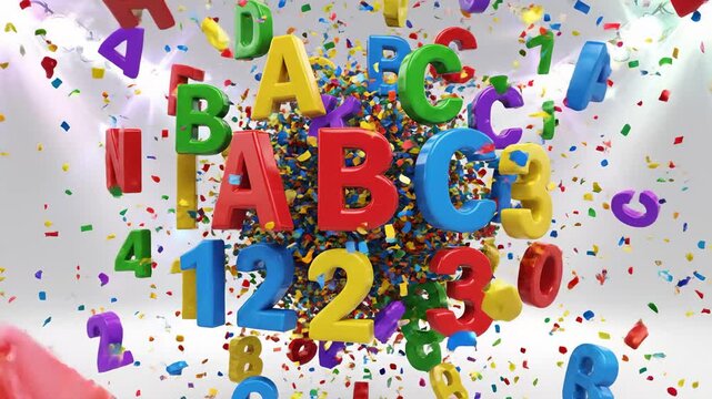 Letters and Numbers Floating in Air With Confetti