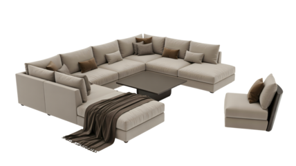 Modern sectional sofa with throw blanket and pillows, perfect for cozy living room designs and luxurious interior decorating projects with neutral tones
