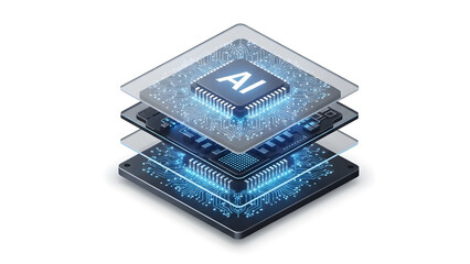 Artificial Intelligence Integrated Circuit Layers with Glowing Connections, Modern AI Technology, Machine Learning Chipset, AI Core Concept