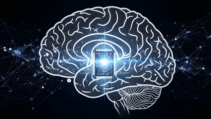 AI Brain Power: Abstract Digital Circuitry and Neural Network Connecting to Mental Processing for Deep Learning