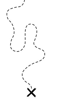 Treasure Map with black Dashed Line Path and X Marking the spot on white and green background	
