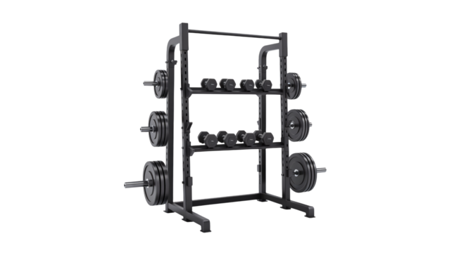 Home gym setup with weights and dumbbells, perfect for fitness enthusiasts and strength training, build your dream workout space today! - Powered by Adobe