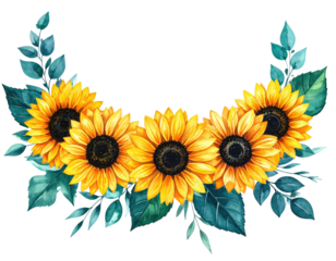 Watercolor illustration of yellow sunflowers and teal leaves in a semi-circle design