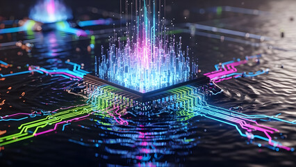 Advanced technology concept: Futuristic CPU with glowing data streams, quantum computing and AI innovation on water surface (High Detail)