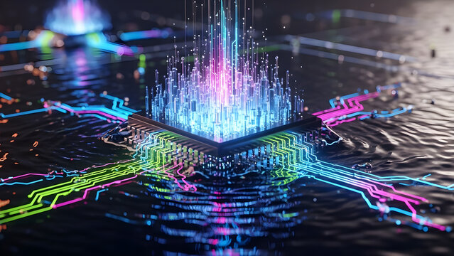 Advanced technology concept: Futuristic CPU with glowing data streams, quantum computing and AI innovation on water surface (High Detail) - Powered by Adobe
