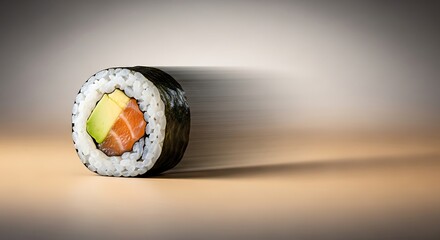 Vibrant salmon avocado maki: delicious Japanese cuisine with dynamic blur.