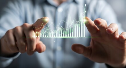 Hands interacting with holographic financial graph displaying growth and positive market trends