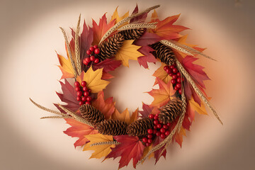 Obraz premium Charming autumn wreath with vibrant leaves, pine cones, and berries creating a warm, inviting, and festive seasonal atmosphere for fall decorating