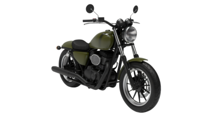 Olive green motorcycle with chrome accents, a classic ride for adventure seekers and vintage enthusiasts, perfect for conveying freedom and style on the open road