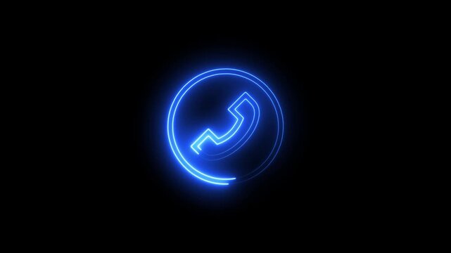 Glowing blue neon telephone icon inside a circle on a black background, representing communication, contact, or calling in a modern digital interface style