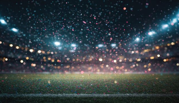 Lively stadium atmosphere with blurred crowd, bright lights, and falling confetti