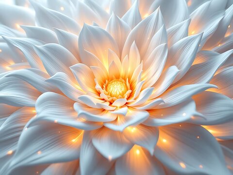 Digital abstract floral sculpture featuring flowing white petals and a glowing orange light core. Futuristic and surreal organic art design