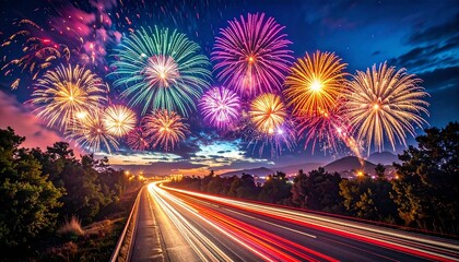 Fireworks night sky with long-exposure trails, vibrant colors, glowing festive particles, cinematic New Year atmosphere