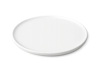 Empty white ceramic plate lying on a transparent background, clean round dish ready for food presentation or serving meals