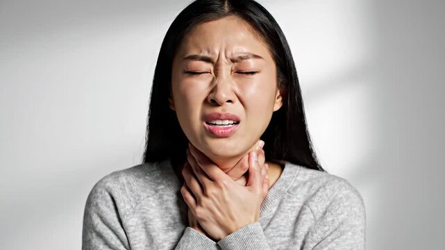 Asian Woman Experiencing Pain Gesture Focus on Throat and Expressions of Discomfort