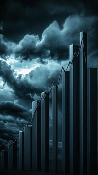 Dramatic 3D bar chart showng steep downward trend uner dark stormy clouds and hunderstorm sky, symbolizig economic recession, finacial crisis, market declin, volatility, instability lobal risks