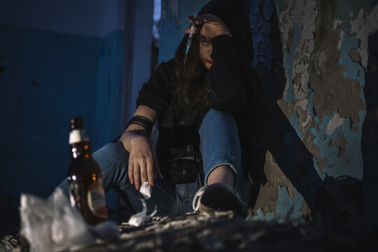 A young woman suffering from heroin overdose, depicting the severe consequences and tragedy of drug addiction in a gritty, realistic style for anti-drug campaigns.