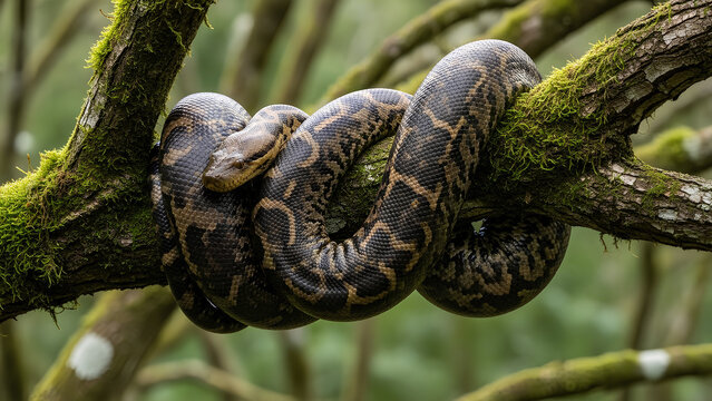 Massive python coils tightly around mossy jungle tree branch in humid rainforest setting