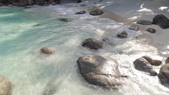 Drone footage of secluded beach at glacis, Mahe, Seychelles 30fps 014