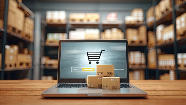Laptop displaying online shopping cart with boxes on keyboard in warehouse - Powered by Adobe