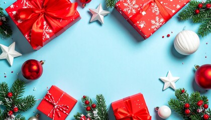 Vibrant red Christmas gifts and festive ornaments frame a bright blue background perfect for holiday announcements and winter greetings