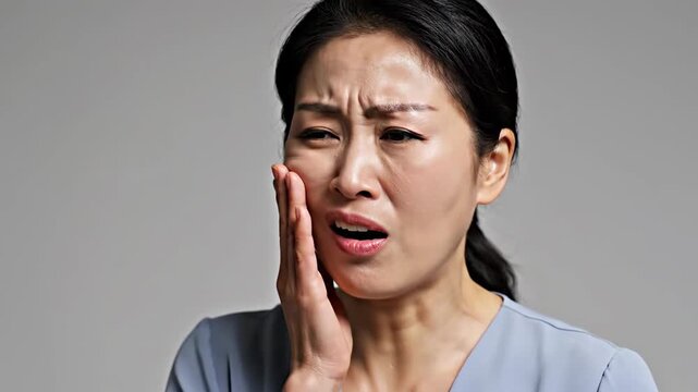 Asian Woman Experiencing Severe Toothache, Emotionally Expressing Pain and Discomfort