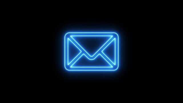 Glowing blue neon envelope icon symbolizing email or message communication, brightly illuminated against a solid black background with a subtle glow effect