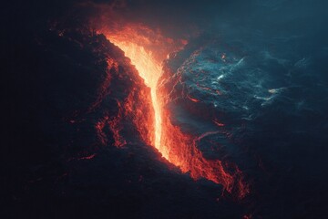 Fiery chasm glowing with intense heat, cutting through dark, turbulent waters