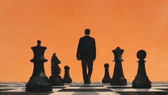 Businessman walks on chessboard amidst giant chess pieces