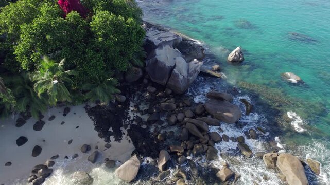 Drone footage of secluded beach at glacis, Mahe, Seychelles 30fps 007.