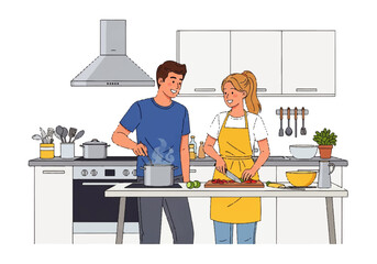 Culinary Duo in the Kitchen: A couple in a modern kitchen are engrossed in cooking activities. The male figure tending to a simmering pot, while the female expertly prepares ingredients.