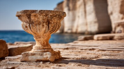 Rough Stone Pedestal Sits on Ocean Cliff With Blurred Background Under Dramatic Daylight in Coastal Area