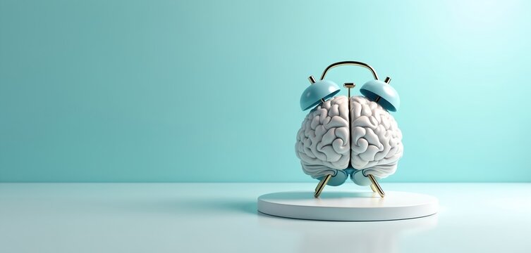 Human brain formed as alarm clock. Symbolizes time management sleep cycles mental health and biological rhythms. Concept for wellness and neurological topics.