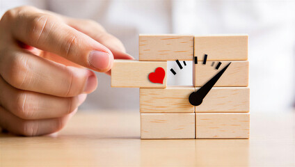 Building Time Value: Hand Arranges Wooden Clock Blocks with Heart. Investment & Management.