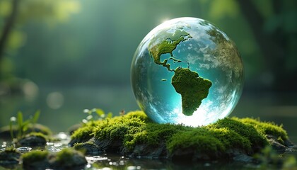 Crystal globe on moss with green continents. Earth in nature shows eco friendly energy. Planet conservation in crystal glass on water. Concept for renewable, sustainable lifestyle or resources future.