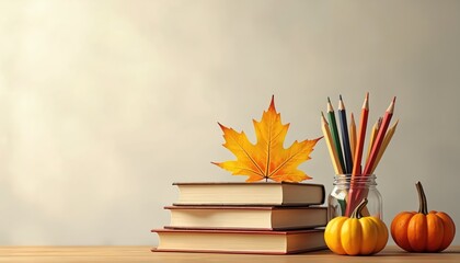Stack of books with autumn maple leaf, colored pencils in jar, and pumpkins on wooden desk. Education, learning, or fall harvest theme backdrop with copy space.