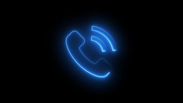 Glowing blue neon outline of a telephone receiver with sound wave signal radiating outwards against a solid black background, symbolizing communication or calling