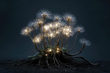 Bioluminescent dandelions glow with ethereal light on dark, earthy ground