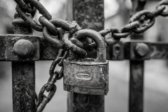 Rusty padlock secures an old iron gate with thick chains