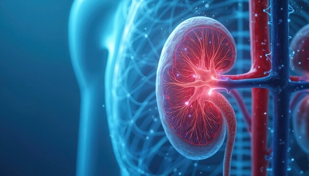 3D illustration of human kidney anatomy. Glowing renal organ with blood vessels inside body. Medical concept for nephrology, urology, transplant donation. Healthcare tech visual for clinic research,