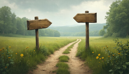 Two wooden road signs point different ways down a dirt path through green fields and trees. One sign points left, the other right. The path curves into the distance under a cloudy sky.