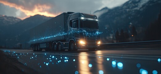 A semi-truck travels on a highway at dusk, illuminated by digital blue light