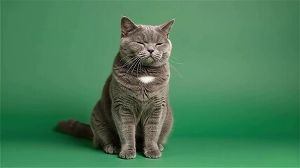 Contented gray cat with squinted eyes sits elegantly on a chromakey green screen background, ready for editing