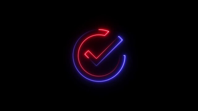 Neon glowing checkmark inside a circular frame with red and blue light effect on a black background, symbolizing approval, success, or completion in a modern digital style