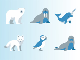Arctic Animals Illustration - Polar Bear, Walrus, Narwhal, Fox, Puffin, Seal.