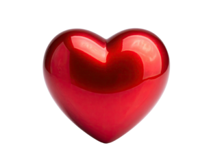 A lustrous, three-dimensional red heart, a symbol of love, with smooth, glossy reflections