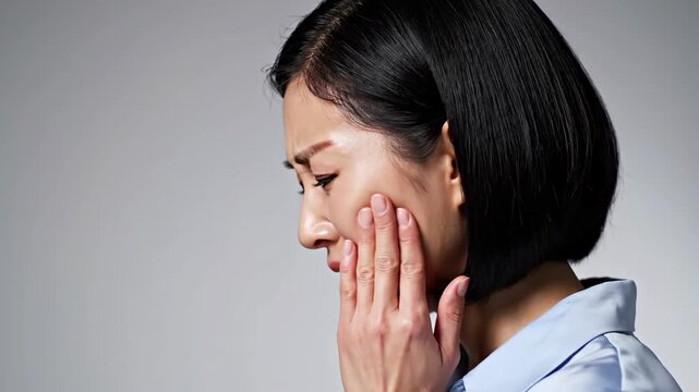 Asian Woman in Distress: A Series of Facial Expressions Revealing Pain and Discomfort