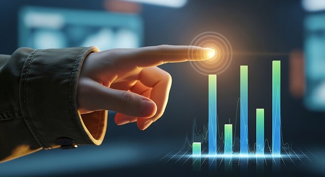 Analyzing data with finger touch on holographic bar chart display interface - Powered by Adobe