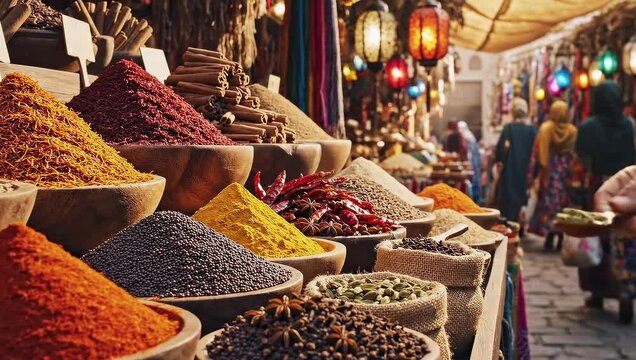 Vibrant Spice Market Scene With Colorful Powders In Bowls And Distant Shoppers In Warm Sunlight