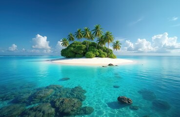 Small tropical island with white sand beach and palm trees sits in clear blue ocean water. Lush green vegetation covers the island center. Sunny day with blue sky and white clouds above calm sea.